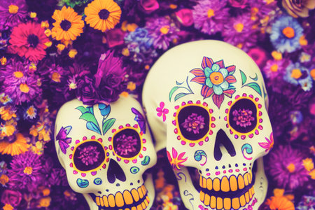 Colorful candy sugar skulls with flowers on Day of the Dead festival in Mexico.