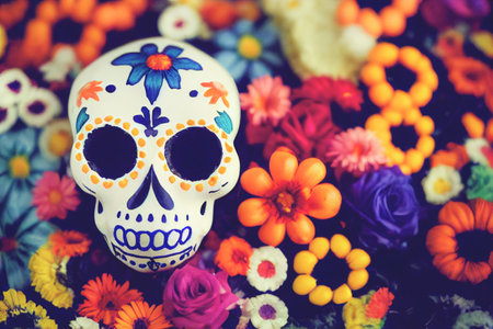 Colorful candy sugar skulls with flowers on Day of the Dead festival in Mexico.の写真素材