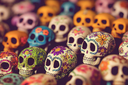 Colorful candy sugar skulls with flowers on Day of the Dead festival in Mexico.の写真素材