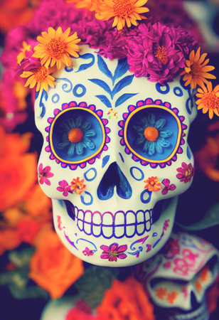 Colorful candy sugar skulls with flowers on Day of the Dead festival in Mexico.の写真素材