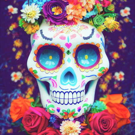 Colorful candy sugar skulls with flowers on Day of the Dead festival in Mexico.