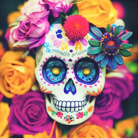 Colorful candy sugar skulls with flowers on Day of the Dead festival in Mexico.の写真素材