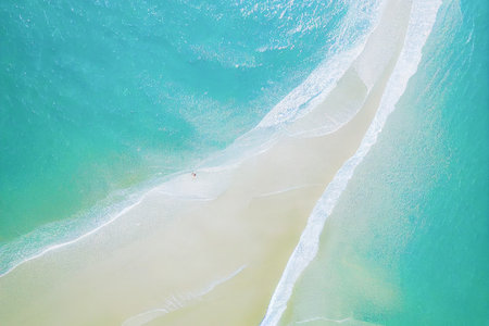 Relaxing aerial beach scene, summer vacation holiday template banner. Wild tropical beach and clean sand. Perfect aerial drone top view. Peaceful bright beach, seaside. 3D illustrationの写真素材