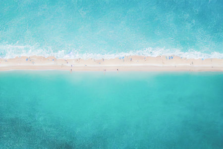 Relaxing aerial beach scene, summer vacation holiday template banner. Wild tropical beach and clean sand. Perfect aerial drone top view. Peaceful bright beach, seaside. 3D illustrationの写真素材