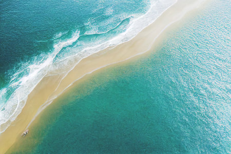 Relaxing aerial beach scene, summer vacation holiday template banner. Wild tropical beach and clean...