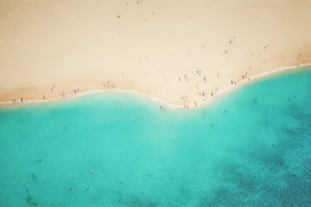 Relaxing aerial beach scene, summer vacation holiday template banner. Wild tropical beach and clean sand. Perfect aerial drone top view. Peaceful bright beach, seaside. 3D illustrationの写真素材