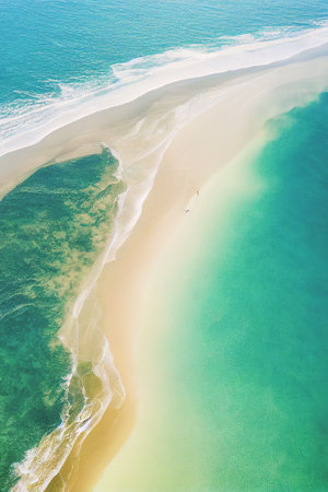 Relaxing aerial beach scene, summer vacation holiday template banner. Wild tropical beach and clean...