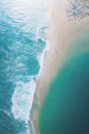 Relaxing aerial beach scene, summer vacation holiday template banner. Wild tropical beach and clean...