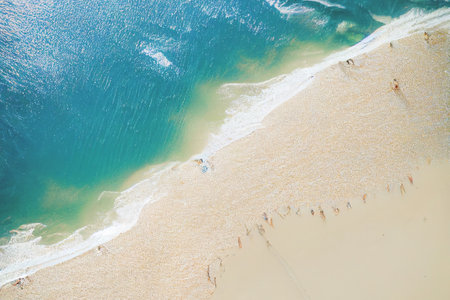 Relaxing aerial beach scene, summer vacation holiday template banner. Wild tropical beach and clean sand. Perfect aerial drone top view. Peaceful bright beach, seaside. 3D illustrationの写真素材