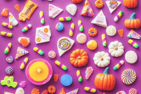 Halloween sweets pattern. Mixed candies with halloween elements and ornaments. Many types spooky dessert. Colorful treats background. 3D Illustrationの写真素材