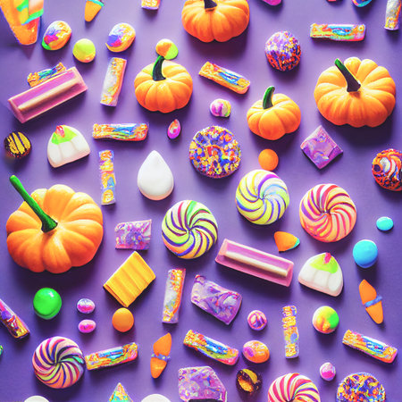 Halloween sweets pattern. Mixed candies with halloween elements and ornaments. Many types spooky dessert. Colorful treats background. 3D Illustrationの写真素材