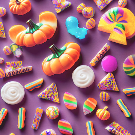 Halloween sweets pattern. Mixed candies with halloween elements and ornaments. Many types spooky...