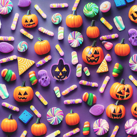 Halloween sweets pattern. Mixed candies with halloween elements and ornaments. Many types spooky dessert. Colorful treats background. 3D Illustrationの写真素材