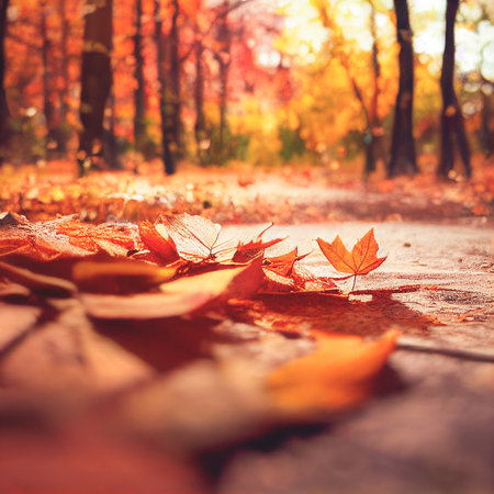 Beautiful blurred autumn landscape with fall leaves in sunshine. 3D illustration.の写真素材