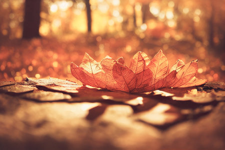 Beautiful blurred autumn landscape with fall leaves in sunshine. 3D illustration.の写真素材