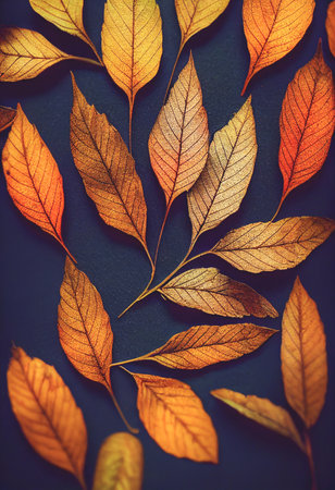 Beautiful blurred autumn landscape with fall leaves in sunshine. 3D illustration.の写真素材