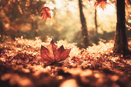 Beautiful blurred autumn landscape with fall leaves in sunshine. 3D illustration.の写真素材