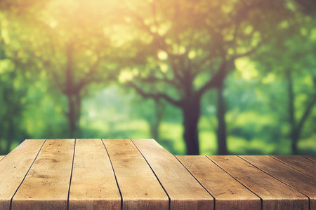 Natural background and table wood for product display template with bokeh light background. Empty wooden table and sack tablecloth on top of a blurred green tree in a park. 3D illustrationの写真素材