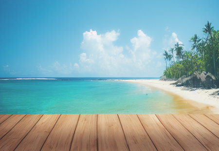 Empty wooden table for product display with view of tropical beach background.Â 3D illustrationの写真素材