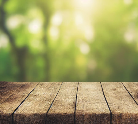 Natural background and table wood for product display template with bokeh light background. Empty wooden table and sack tablecloth on top of a blurred green tree in a park. 3D illustrationの写真素材