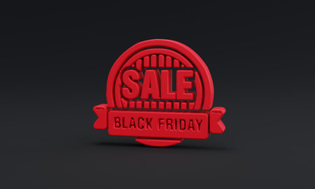 Minimal red Black Friday shopping concept symbol on black background. 3D illustration banner template for shopping online.の写真素材