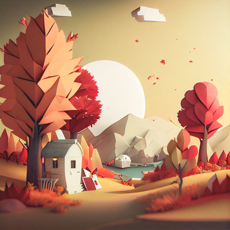 Autumn square banner with multi layered shapes and leaves in paper cut style. The effect of 3D render in papercraft art.の写真素材