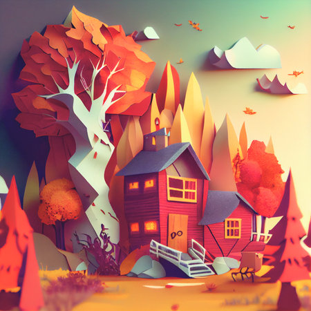 Autumn square banner with multi layered shapes and leaves in paper cut style. The effect of 3D render in papercraft art.の写真素材