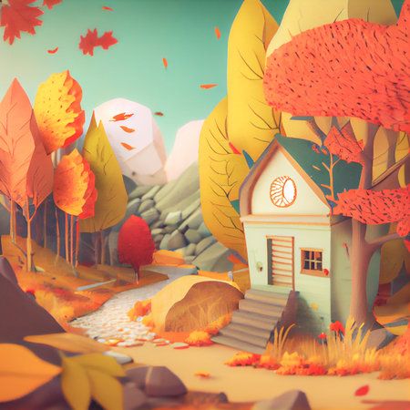Autumn square banner with multi layered shapes and leaves in paper cut style. The effect of 3D render in papercraft art.の写真素材