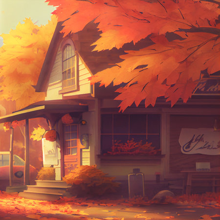 Autumn square banner with multi layered shapes and leaves in paper cut style. The effect of 3D render in papercraft art.の写真素材