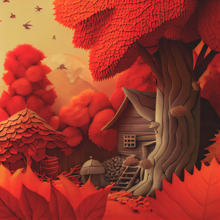 Autumn square banner with multi layered shapes and leaves in paper cut style. The effect of 3D render in papercraft art.の写真素材