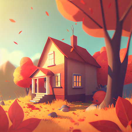 Autumn square banner with multi layered shapes and leaves in paper cut style. The effect of 3D render in papercraft art.の写真素材