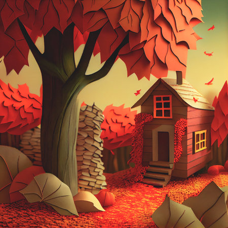 Autumn square banner with multi layered shapes and leaves in paper cut style. The effect of 3D render in papercraft art.の写真素材