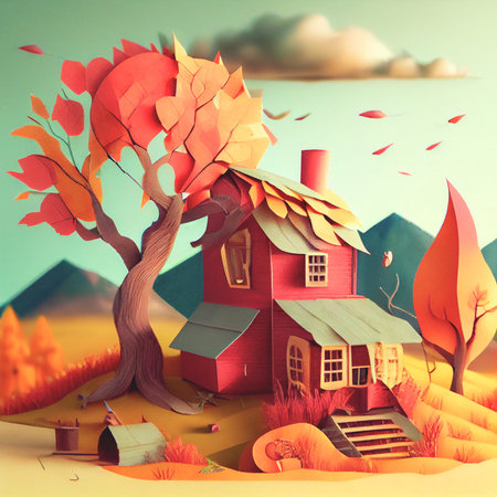 Autumn square banner with multi layered shapes and leaves in paper cut style. The effect of 3D render in papercraft art.の写真素材