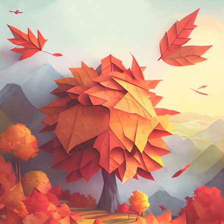 Autumn square banner with multi layered shapes and leaves in paper cut style. The effect of 3D render in papercraft art.の写真素材