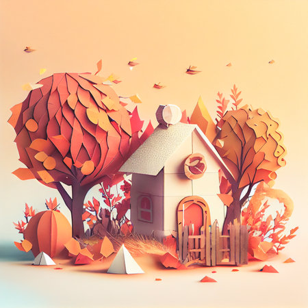 Autumn square banner with multi layered shapes and leaves in paper cut style. The effect of 3D render in papercraft art.の写真素材