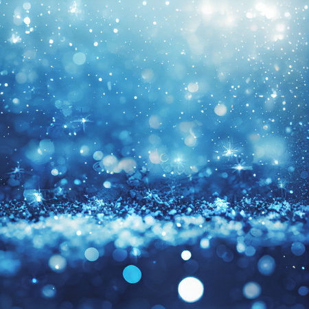 Christmas and winter holidays background with blue bokeh lights and snow. 3D illustrationの写真素材