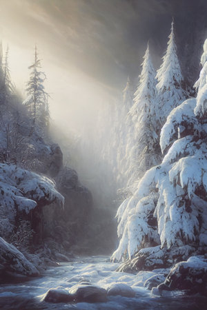Winter in the woods with snow covered trees and a spectacular mountain landscape glowing by sunlight. Dramatic wintry scene.の写真素材