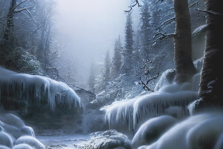 Winter in the woods with snow covered trees and a spectacular mountain landscape glowing by sunlight. Dramatic wintry scene.の写真素材