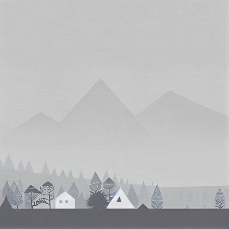 Flat landscape with a snowy background Clear blue sky with snowdrifts Cartoon wallpaper Cold weather Forest trees and mountains in winter Website layout design. Minimalist winter wallpapersの写真素材