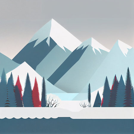 Flat landscape with a snowy background Clear blue sky with snowdrifts Cartoon wallpaper Cold weather Forest trees and mountains in winter Website layout design. Minimalist winter wallpapersの写真素材