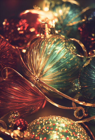 Macro shot of colorful Christmas Ornaments. Pile of Christmas festive decorations stock photo with selective focused and blurred.の写真素材