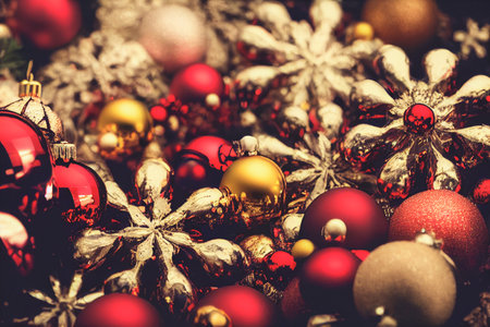 Macro shot of colorful Christmas Ornaments. Pile of Christmas festive decorations stock photo with...