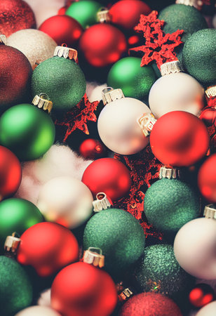 Macro shot of colorful Christmas Ornaments. Pile of Christmas festive decorations stock photo with selective focused and blurred.の写真素材