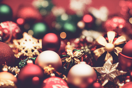 Macro shot of colorful Christmas Ornaments. Pile of Christmas festive decorations stock photo with selective focused and blurred.の写真素材