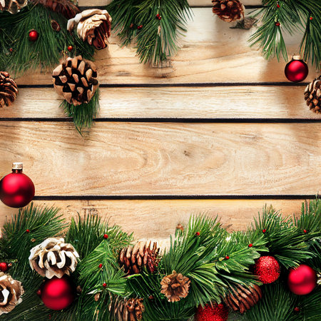 Merry Christmas frame decoration with real wood green pine, colorful baubles, gift boxes and other seasonal items set against an aged wooden background. Merry Christmas and Happy New Year theme.の写真素材
