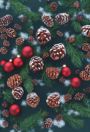 Merry Christmas frame decoration with real wood green pine, colorful baubles, gift boxes and other seasonal items set against an aged wooden background. Merry Christmas and Happy New Year theme.の写真素材