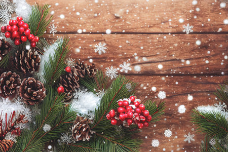 Merry Christmas frame decoration with real wood green pine, colorful baubles, gift boxes and other seasonal items set against an aged wooden background. Merry Christmas and Happy New Year theme.の写真素材