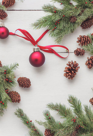 Merry Christmas frame decoration with real wood green pine, colorful baubles, gift boxes and other seasonal items set against an aged wooden background. Merry Christmas and Happy New Year theme.の写真素材