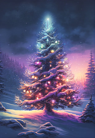 Winter background with bright lights and snow on Christmas tree with decorations.の写真素材