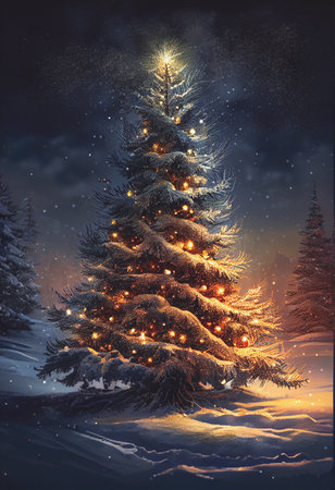 Winter background with bright lights and snow on Christmas tree with decorations.の写真素材